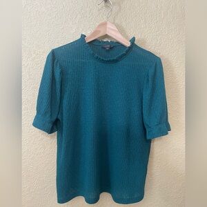 J. Crew Teal Knit Short-Sleeve Ruffle Neck Top